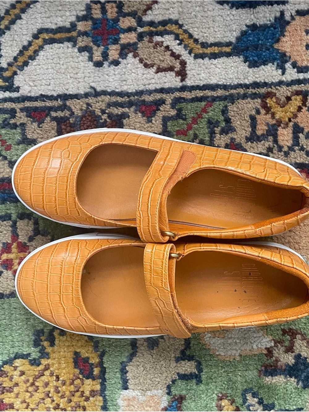 Charlotte Stone Croc-Embossed Mary Jane Flats in Tangerine
